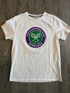 Wimbledon White Tee with Purple & Green Tennis Emblem